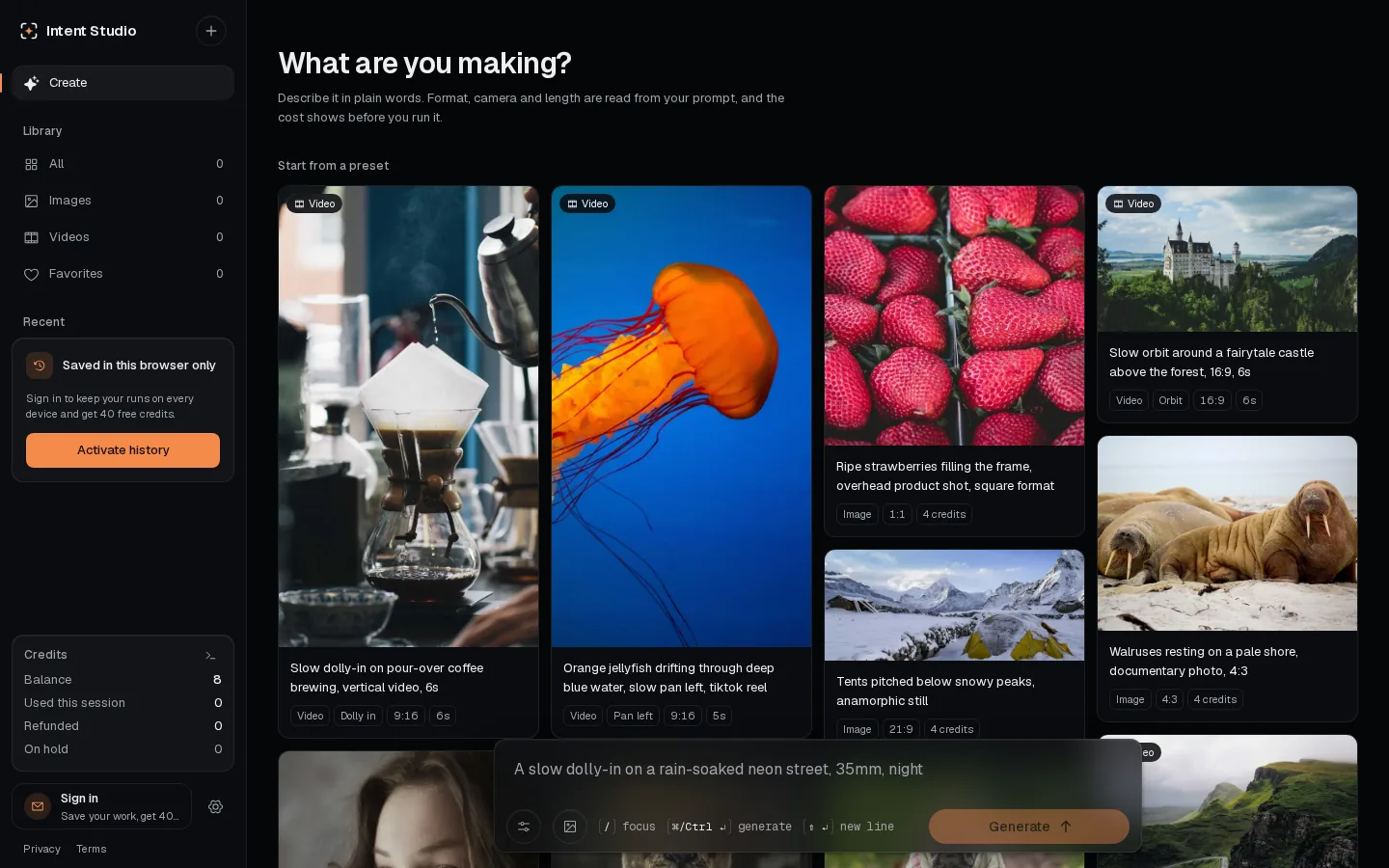 Intent Studio create screen with preset prompts and a live credit balance