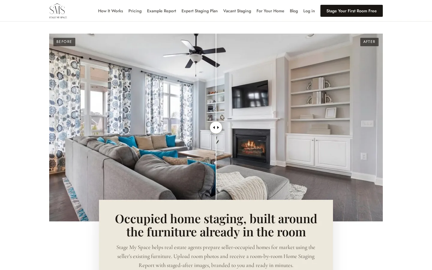 StageMySpace homepage with a before-and-after staging slider
